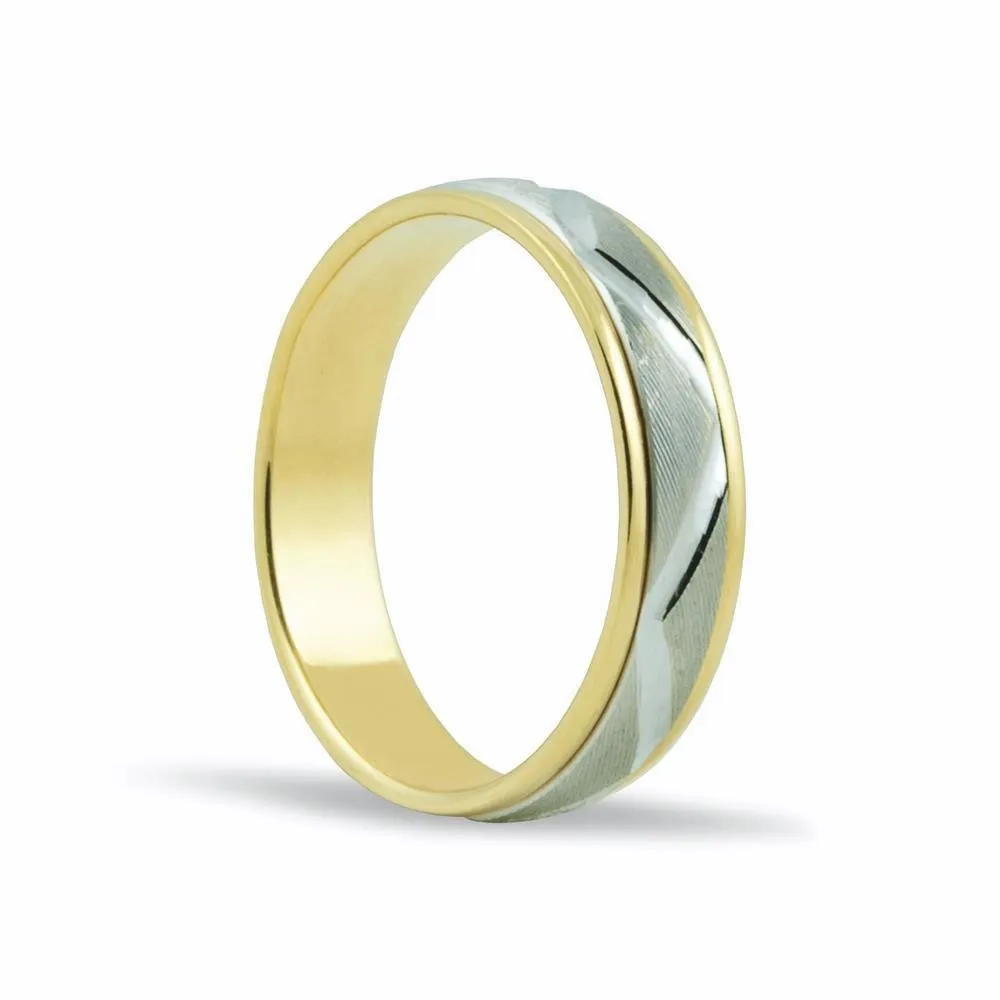 Alianza bicolor de oro amarillo y blanco 18k de 5 mm con dibujo zig zag