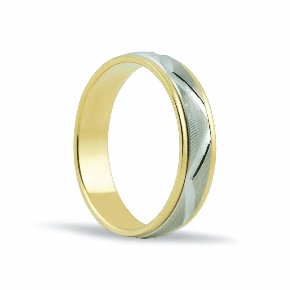 Alianza bicolor de oro amarillo y blanco 18k de 5 mm con dibujo zig zag