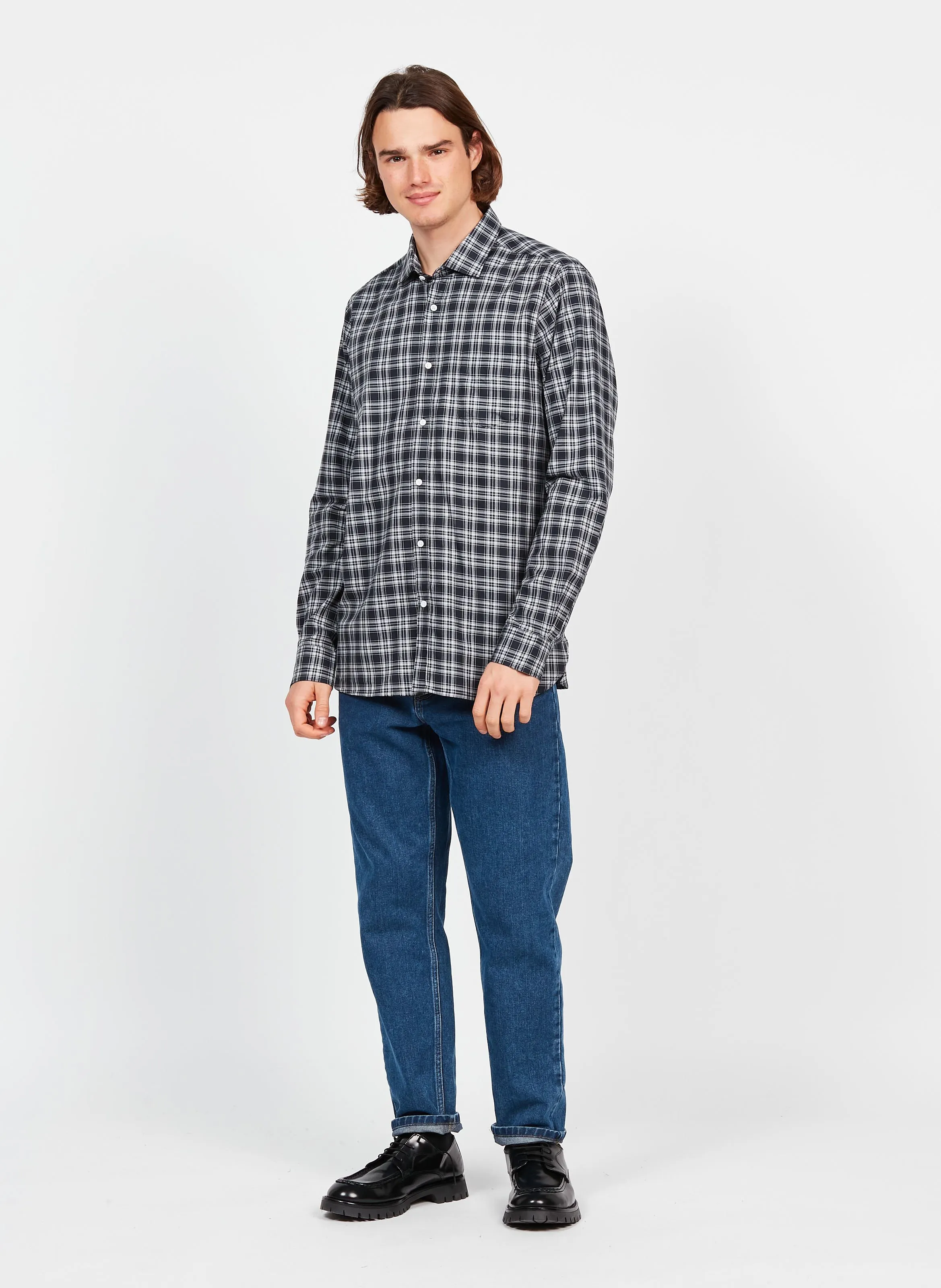Camisa slim fit de algodón a cuadros con cuello clásico en azul